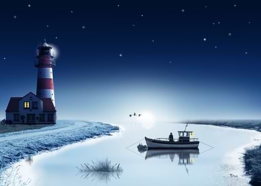 Starry sky above the lake in winter. A fisherman in the ...