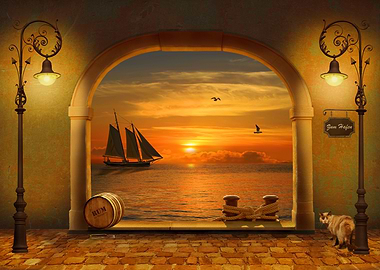 Gateway to the harbor in the romantic light of sunset. ...