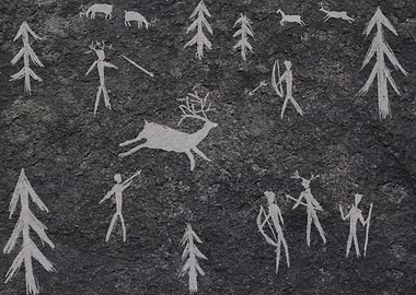 Prehistoric deer hunting scene white