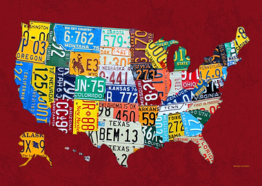 License Plate Map of America on Red by Design Turnpike. ...