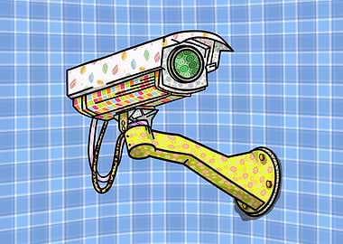 A security camera attached to a blue plaid wall. The ca ...