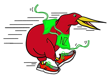 A cute, cartoon kiwi bird wearing running shoes.