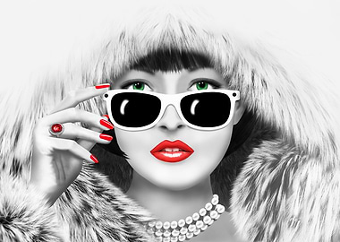 Portrait of a beautiful woman in a fur coat. Black and ...