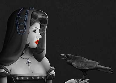 Mystic and beautiful woman with a Raven. Black and whit ...