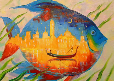 Magic fish,oil painting,urban landscape,animalism,natur ...