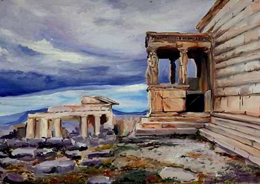 An oil painting of the Acropolis in Athens, featuring t ...
