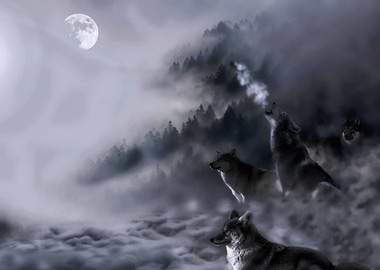 A stunning image digital art of 4 wolves on a mountains ...