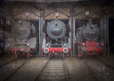 Locomotives on the rails in depot. Old steam trains. He ...