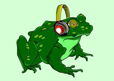 A funny green bullfrog listening to music on it's headp ...