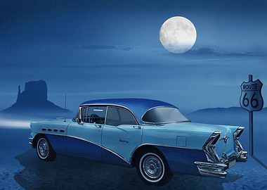 Vintage car on Route 66 in a mystical blue night with m ...