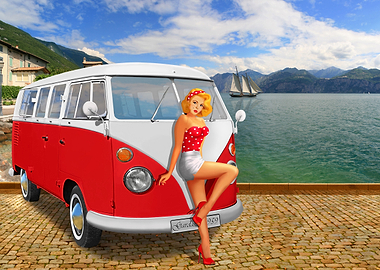 Sexy pin up girl in front of a Bulli T1 at Lake Garda. ...