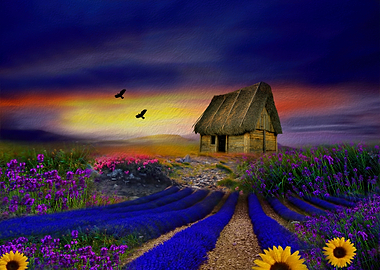painting artwork of a fantasy lavender field and sunflo ...