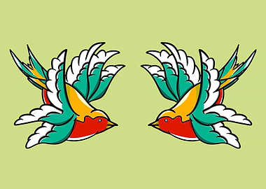 Two flying swallows inspired by traditional sailors bir ...