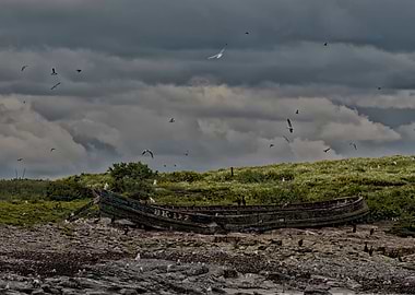 Little boat marooned on an island near to Farne Island ...
