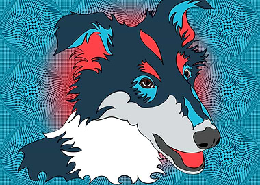 Collie dog art in blue, li