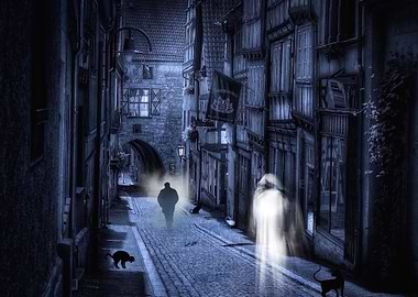 A wonderful fantasy street with ghosts and cats on a co ...
