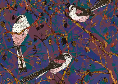 Sweet little long-tailed tits, amongst the branches of ...