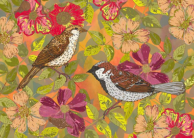 Pretty little sparrows in a hedgerow with wild briar ro ...