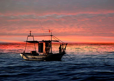 Spanish fisherman out in the sea at sunrise. By Clare ...