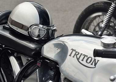 Close up of a classic British Triton Motorcycle and hel ...