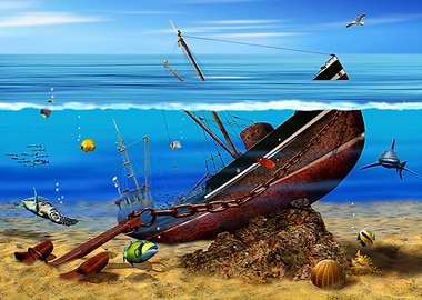 The colorful underwater world with many fish and a ship ...