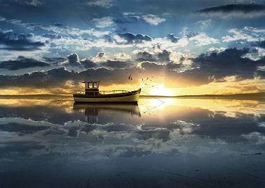 The fishing boat on the coast in the morning light