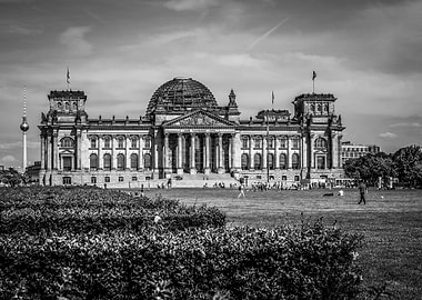 Reichstag building in Berlin in high contrast black and ...