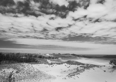 Black and white landscape photograph of sand dunes in s ...