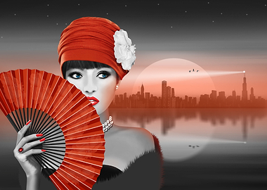 Beautiful woman in front of a skyline at night. In the ...