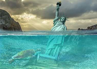 Statue of liberty under in the sea