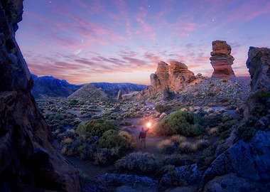 The sunrise in the valley in front of el Teide volcano. ...