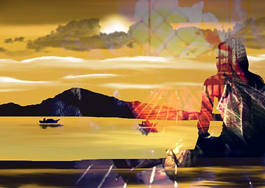 Woman looking out to sea. Mixture of scenery in the bac ...