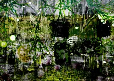 Beautiful street scene featuring a figure and green ove ...