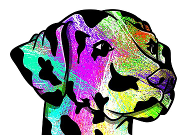 A dalmatian which is brightly colored with paint splatt ...