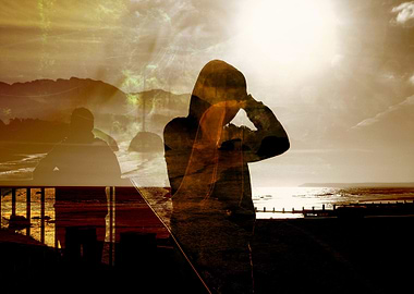 A hooded figure looks out to sea. To the side, a second ...