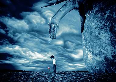 Dragon crying in a rose near a child