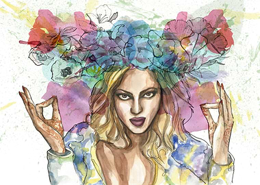 Portrait of Beyonce. Ink, watercolour, and digital.