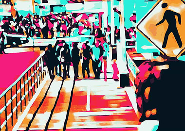 group of people walking with the wooden walkway