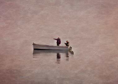boat with fishermen in winter fog