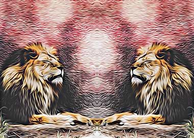 two lions with red and black background