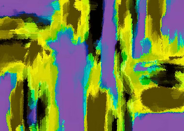 yellow green blue and black painting abstract with purp ...