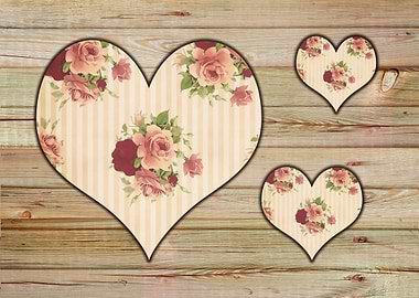 Three hearts with roses motive on rustic wood, in shabb ...