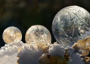 Trio of frozen soap bubbles with unique icy crystalline ...