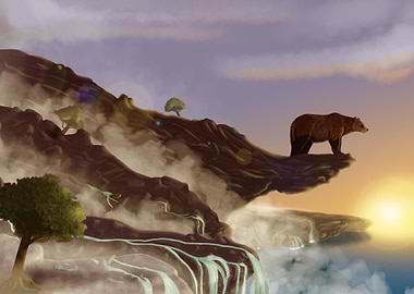 A bear looking into the distance upon a foggy morning o ...