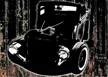 rat rod truck on wood print background.
