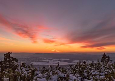 Winter sunset from Holmenkollen in Oslo, Norway.