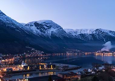 Odda, Norway at dusk in winter.