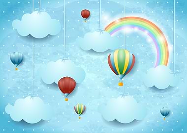 Surreal cloudscape with hanging clouds and hot air ball ...