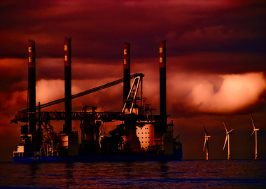 Oil rig passing at sunset