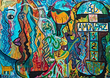 Amor i Paz, graffiti on a wall in Berlin, showing Alegr ...